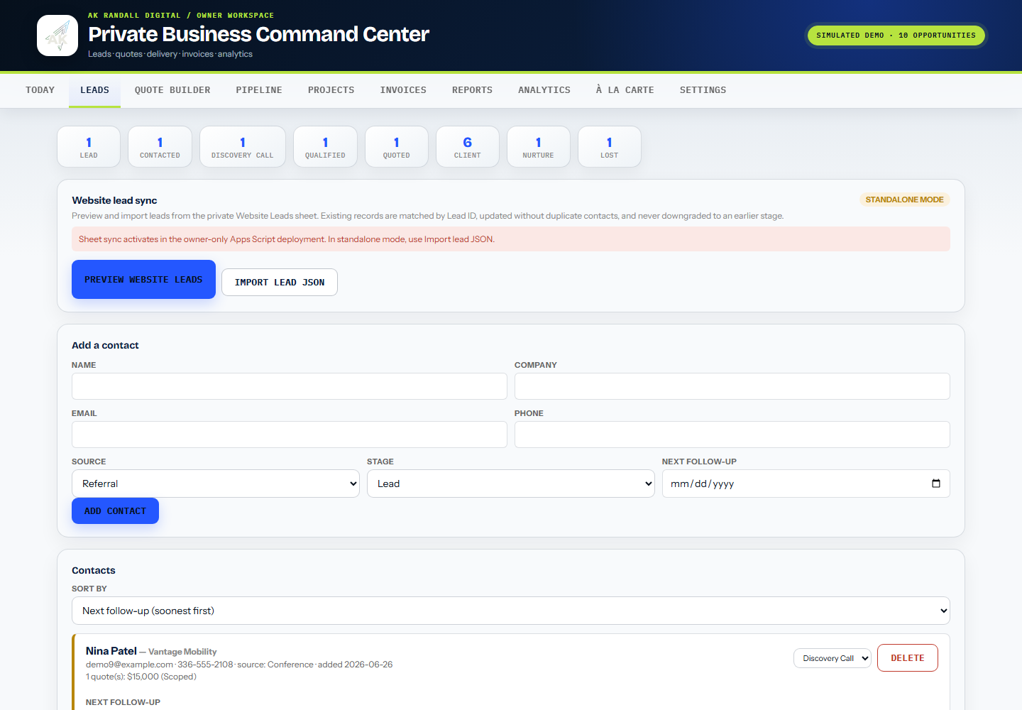 Lead management view in the Business Command Center