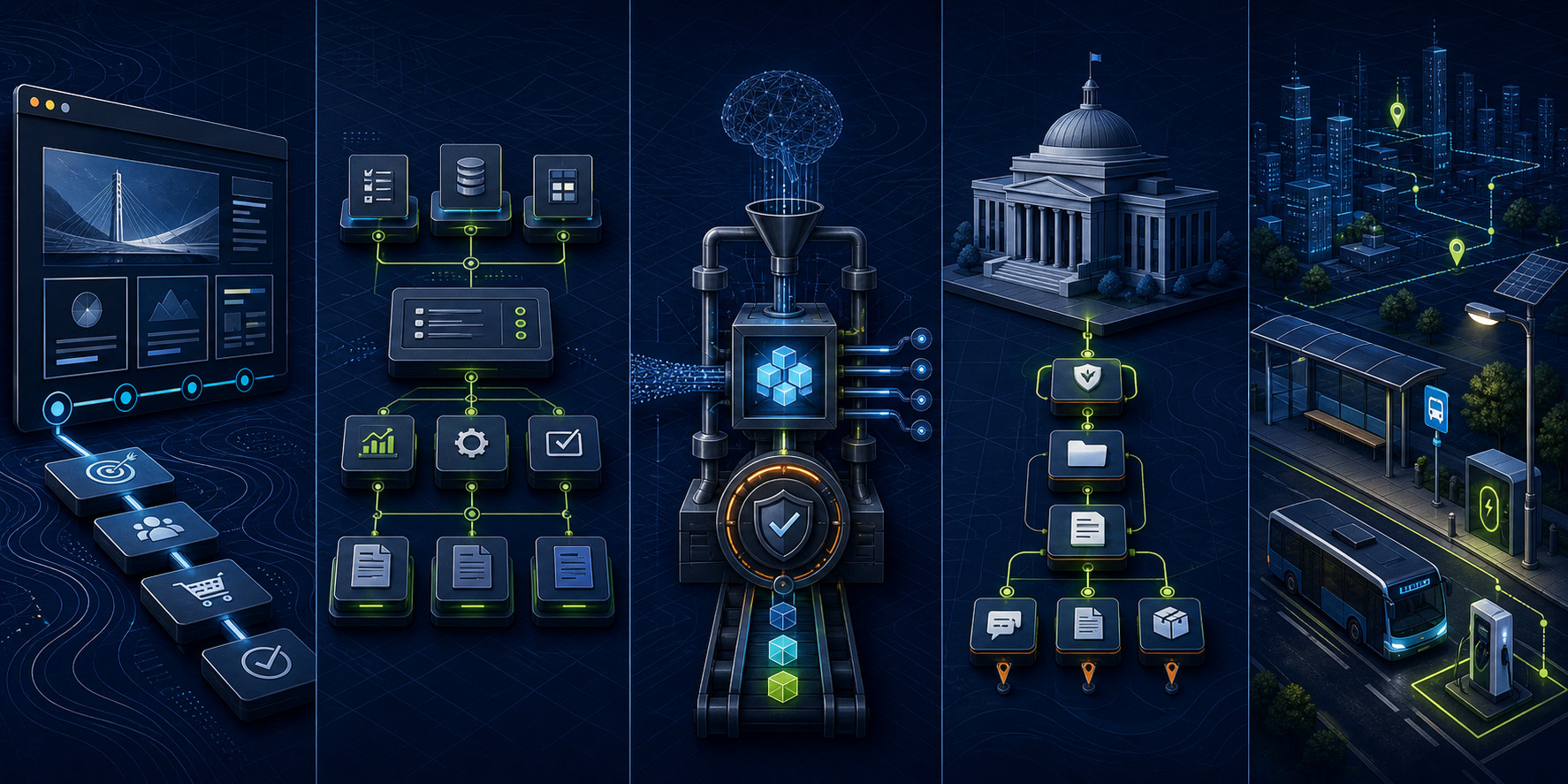 Five-part illustration connecting websites, digital operations, automation, government-market systems, and smart infrastructure