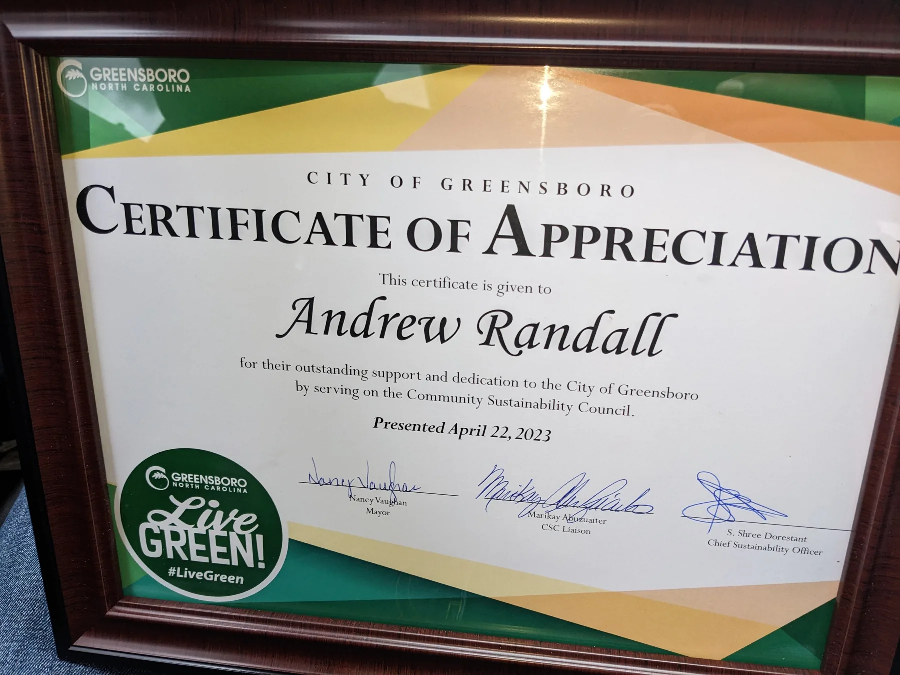 City of Greensboro Certificate of Appreciation presented to Andrew Randall